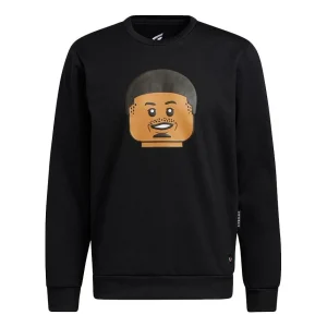 Men's adidas x Dame Crew Lego Blocks Crossover Cartoon Pattern Printing Round Neck Pullover Black H56409