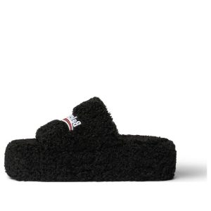 (WMNS) Balenciaga Furry Platform Slides 'Black' 762826W2DO11096