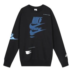 Nike Sportswear Sport Logo Printing Fleece Round Neck Pullover 'Black Blue' DM6876-010