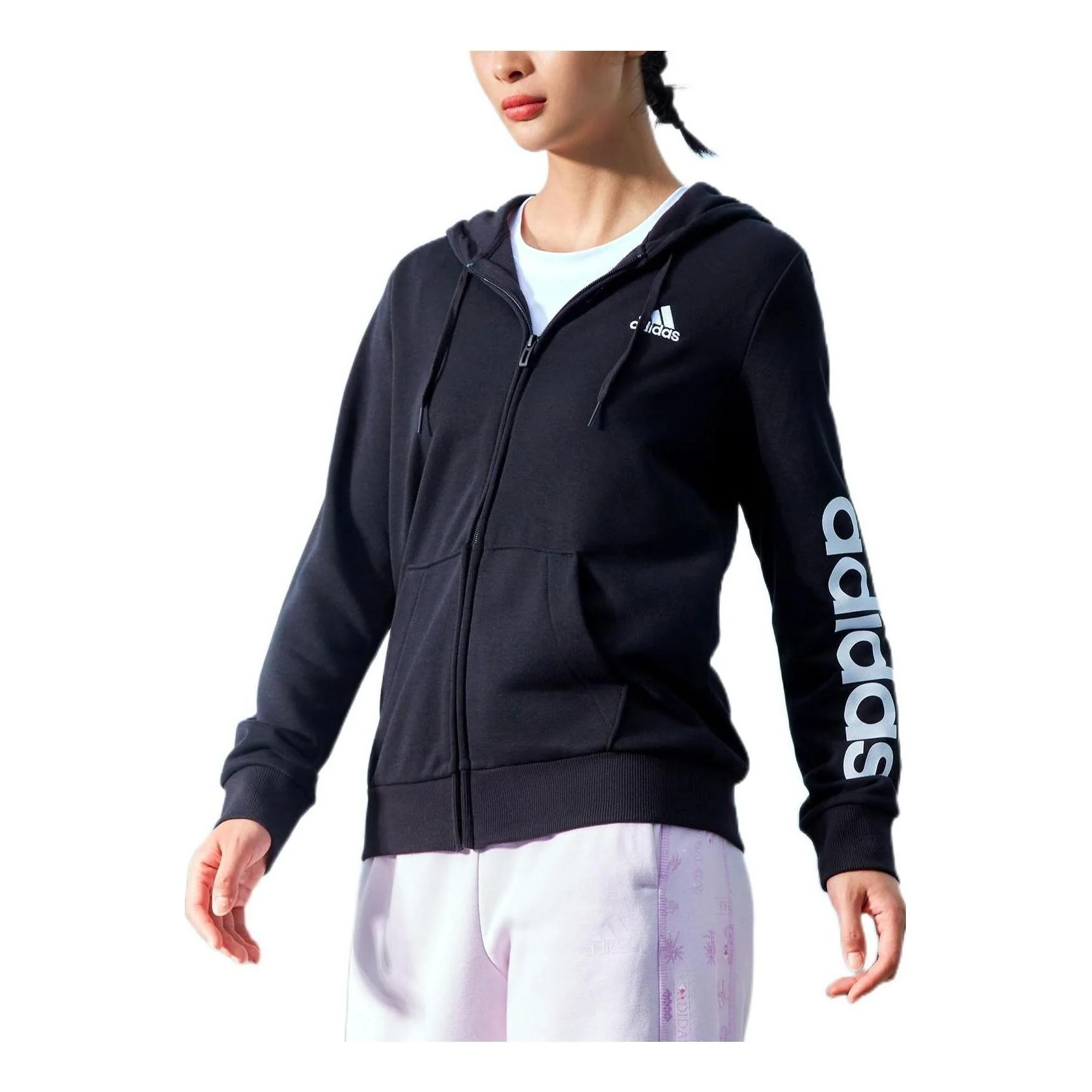 (WMNS) adidas Essentials Logo Full-Zip Hoodie Asia Sizing 'Black White' GL0791