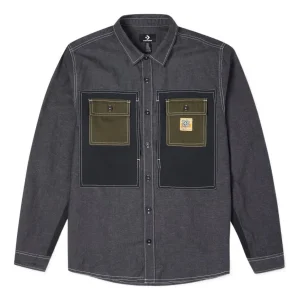 Men's Converse Flowers Small Logo Retro Splicing Contrasting Colors Woven Shirt Jacket Dark Black 10024167-A02
