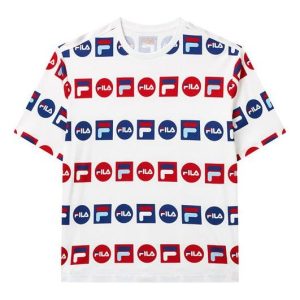 FILA Logo Full Print Sports Loose Round Neck Short Sleeve White F51M128154F-WT