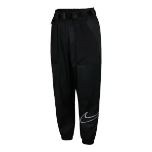(WMNS) Nike Logo Sports Adjustable Belt Bundle Feet Woven Long Pants/Trousers Autumn Black DJ8997-010