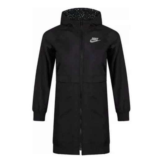 (GS) Nike Logo Printing Fleece Hooded Mid-Length Sports Girls Black Jacket BV3058-010