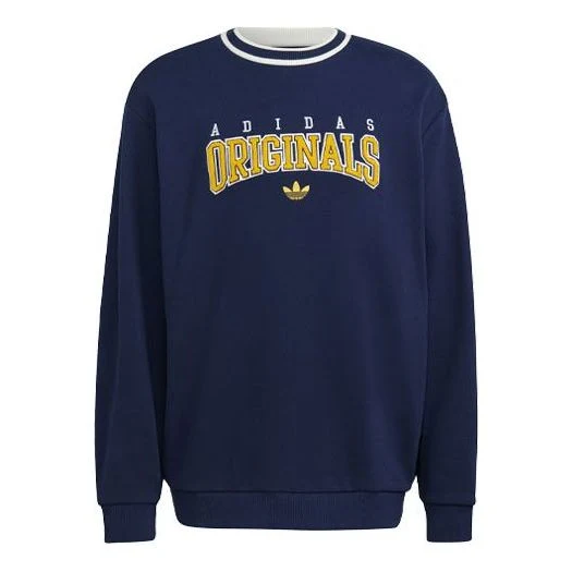 Men's adidas originals SCRIPT CREW Printing Sports Round Neck Navy Blue HF9224