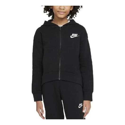 (GS) Nike Solid Color Logo Printing Hooded Zipper Long Sleeves Boy Girls Black DC7118-010