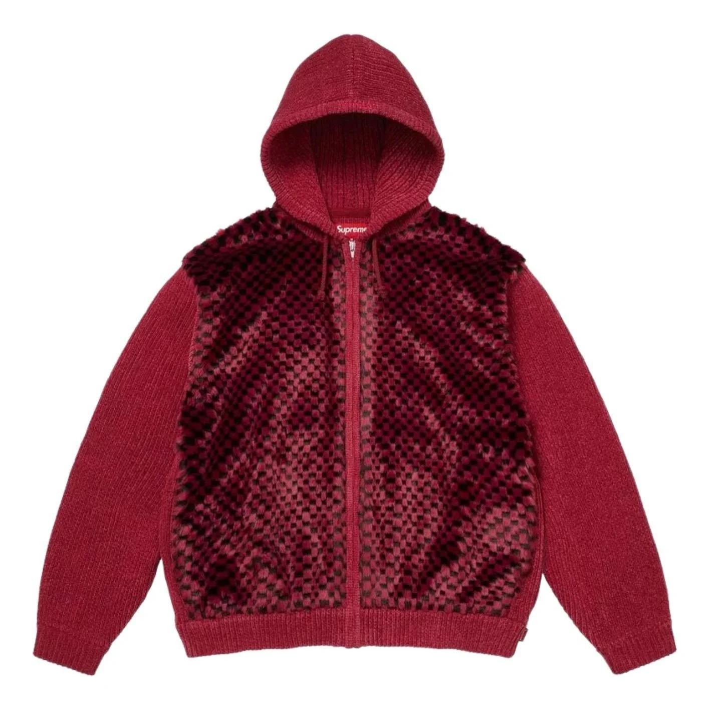 Supreme SS26 Checkerboard Faux Fur Zip Up Hooded Sweater 'Red' SUP-SS26-127-RED